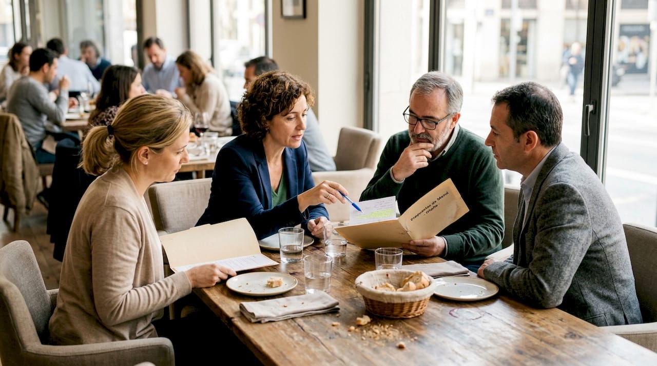 Un grupo de personas revisa la carta y decide qué pedir en la mesa de un restaurante.