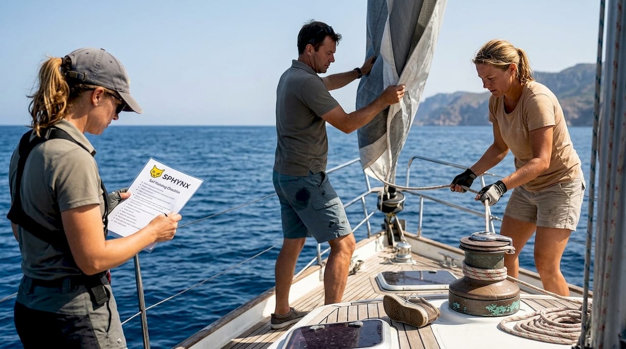 Colleagues hoisting sail in teamwork sequence