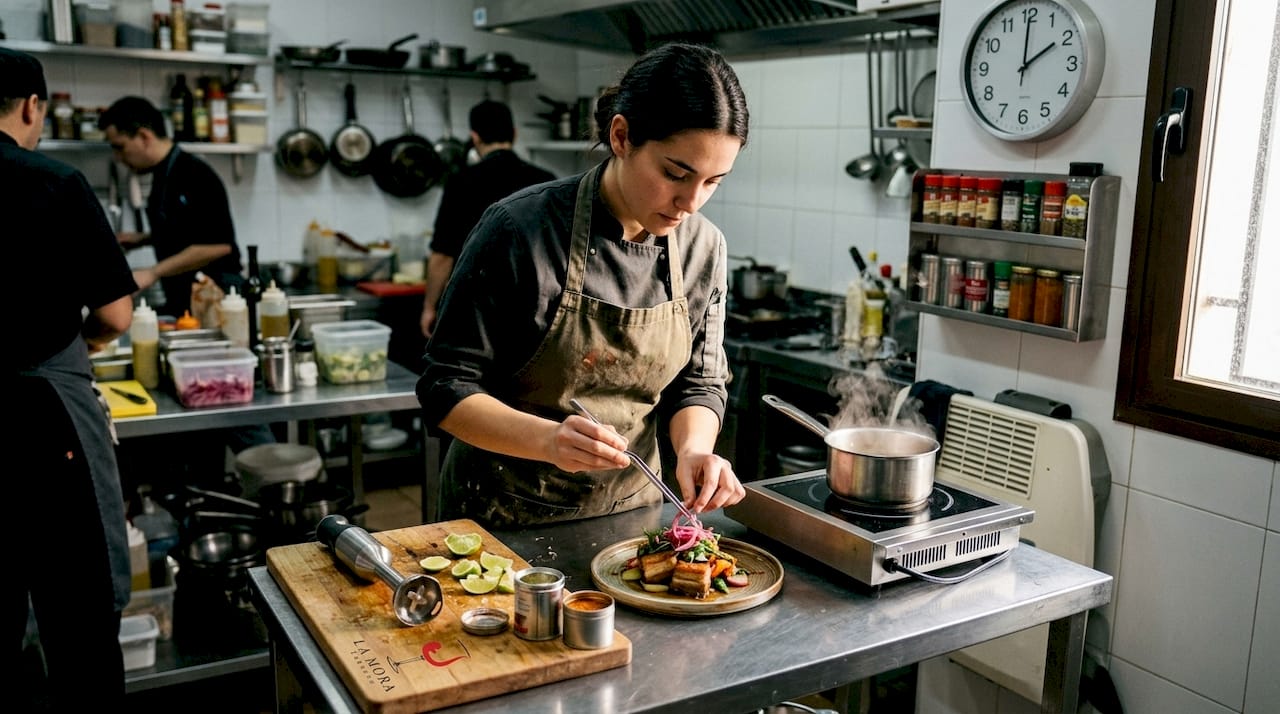 Un chef dando rienda suelta a su creatividad mientras prepara originales tapas valencianas en la cocina.
