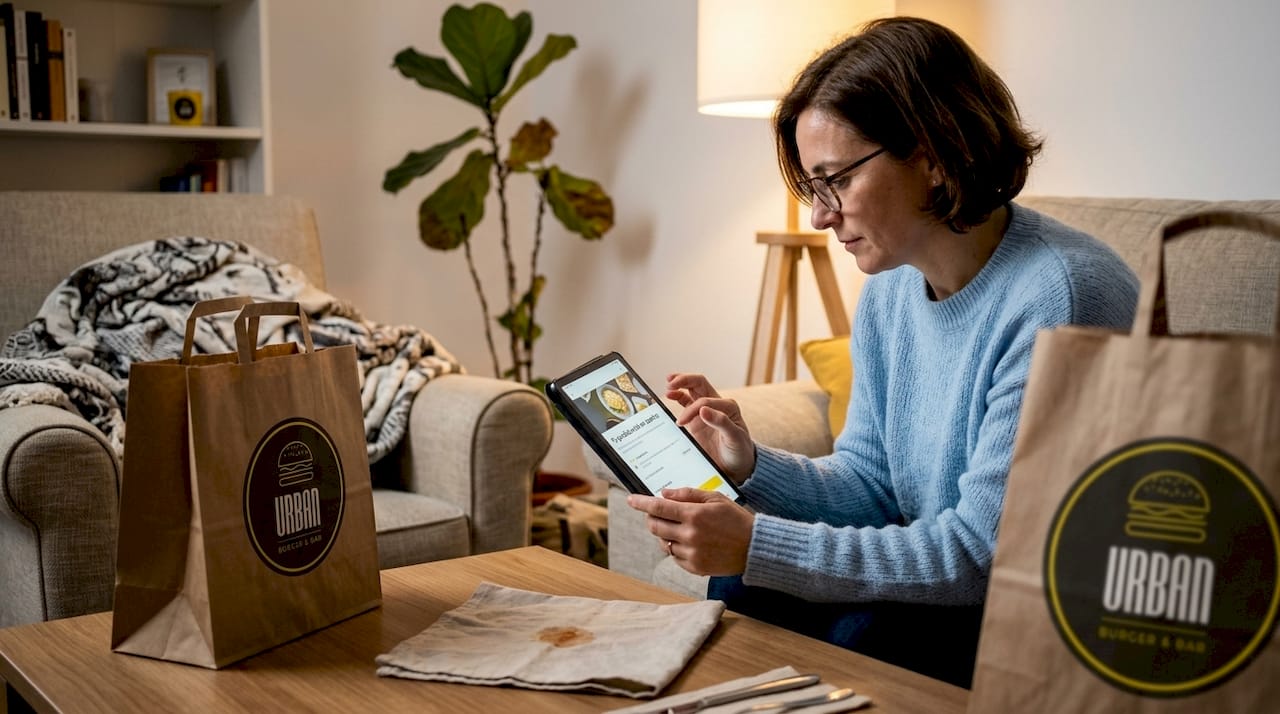 Una mujer consulta el estado de su pedido cómodamente desde el salón de su casa.