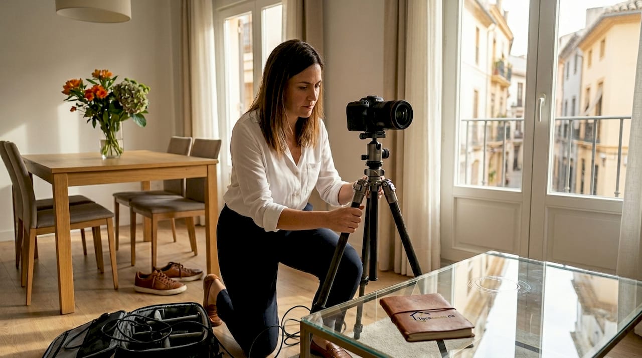 Fotógrafo preparando el piso para una sesión de fotos inmobiliarias