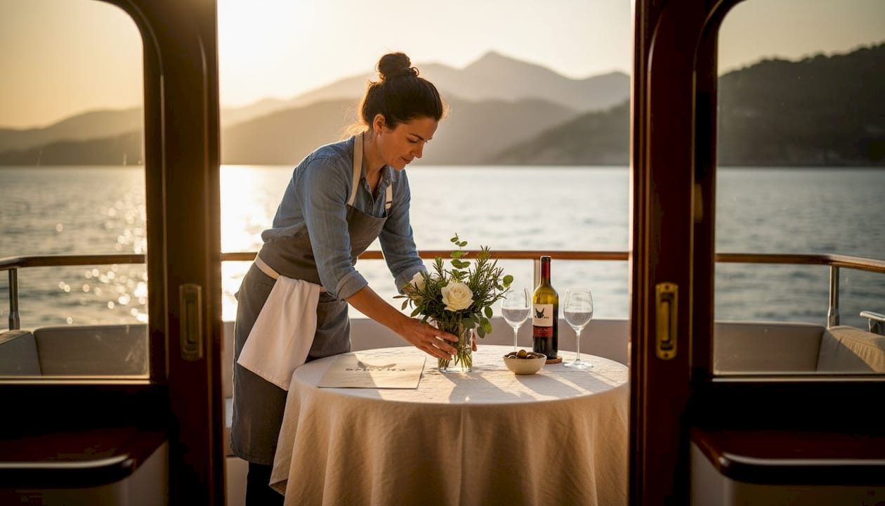 Chef preparing sunset dinner on yacht