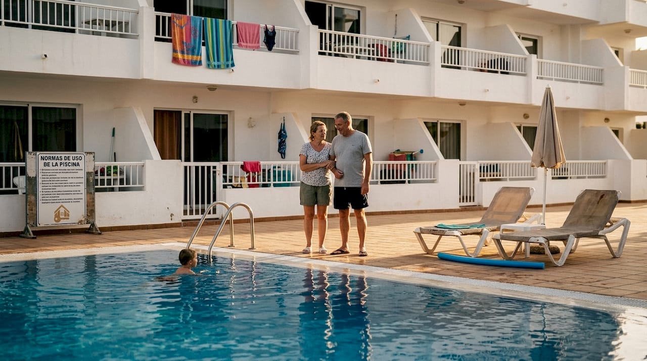 Zona común de apartamentos turísticos con piscina, ideal para disfrutar en familia.