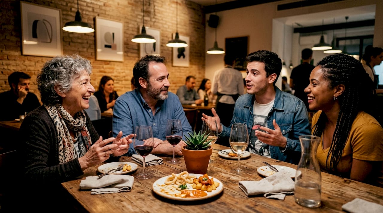 Un grupo de amigos charla animadamente en un moderno restaurante del centro de Barcelona.