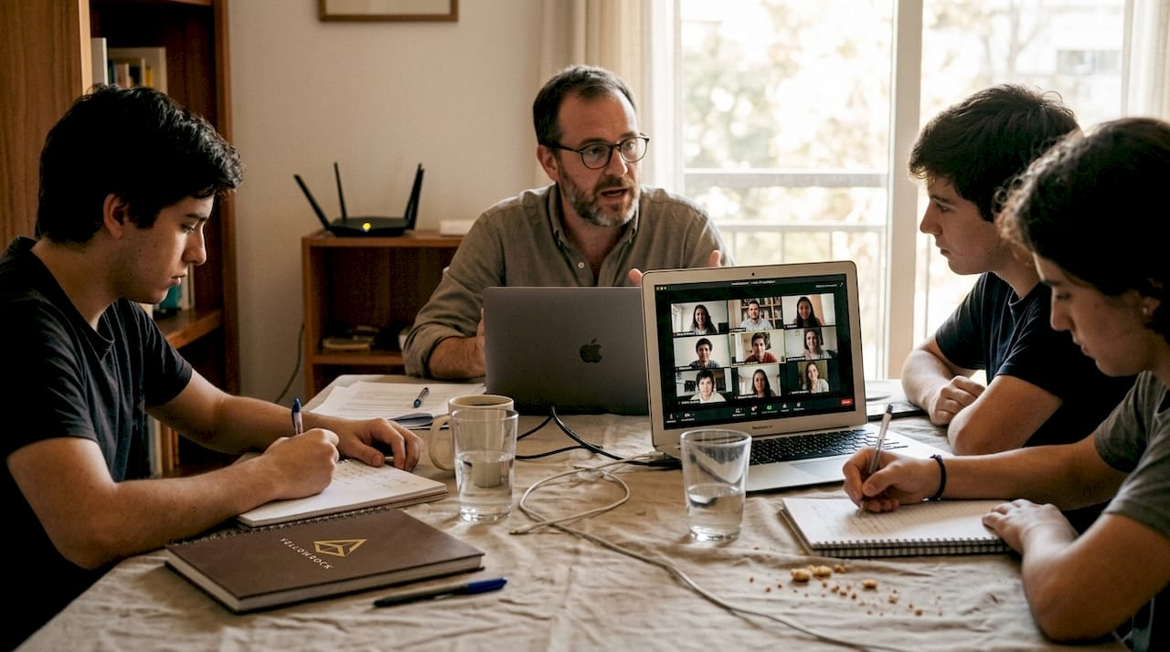 Profesor imparte un seminario virtual híbrido a un grupo reducido de alumnos.