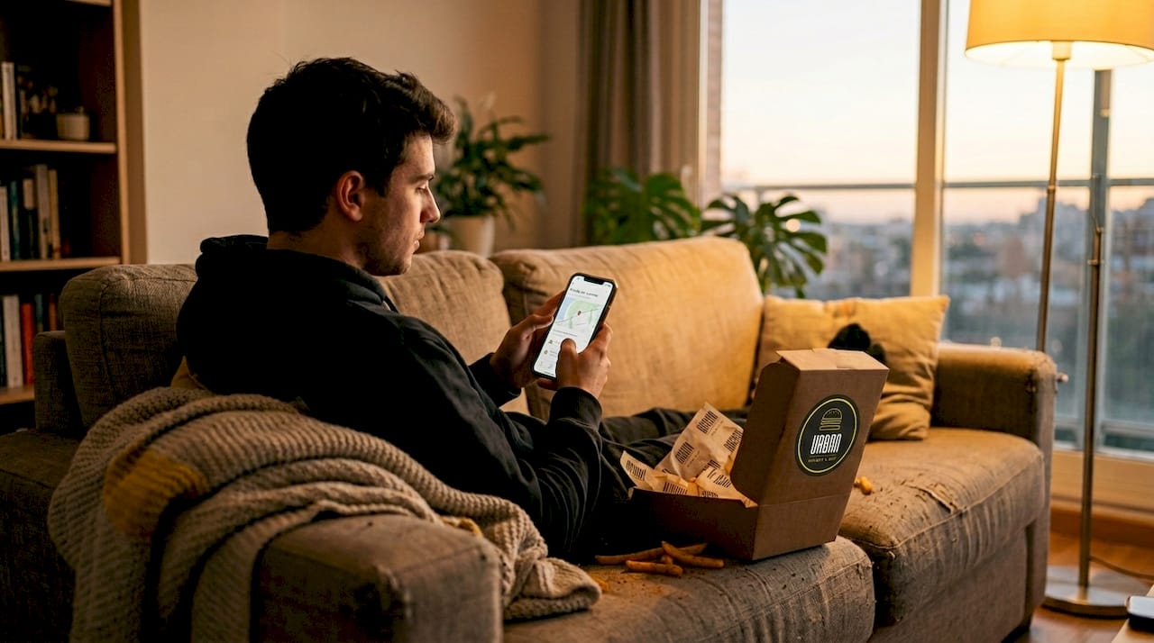 Un chico consulta el estado de su pedido desde el móvil