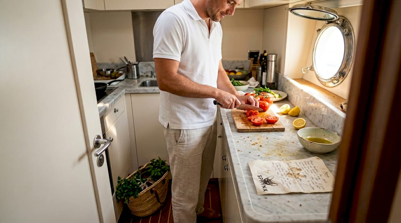 Chef preparing market produce in yacht galley