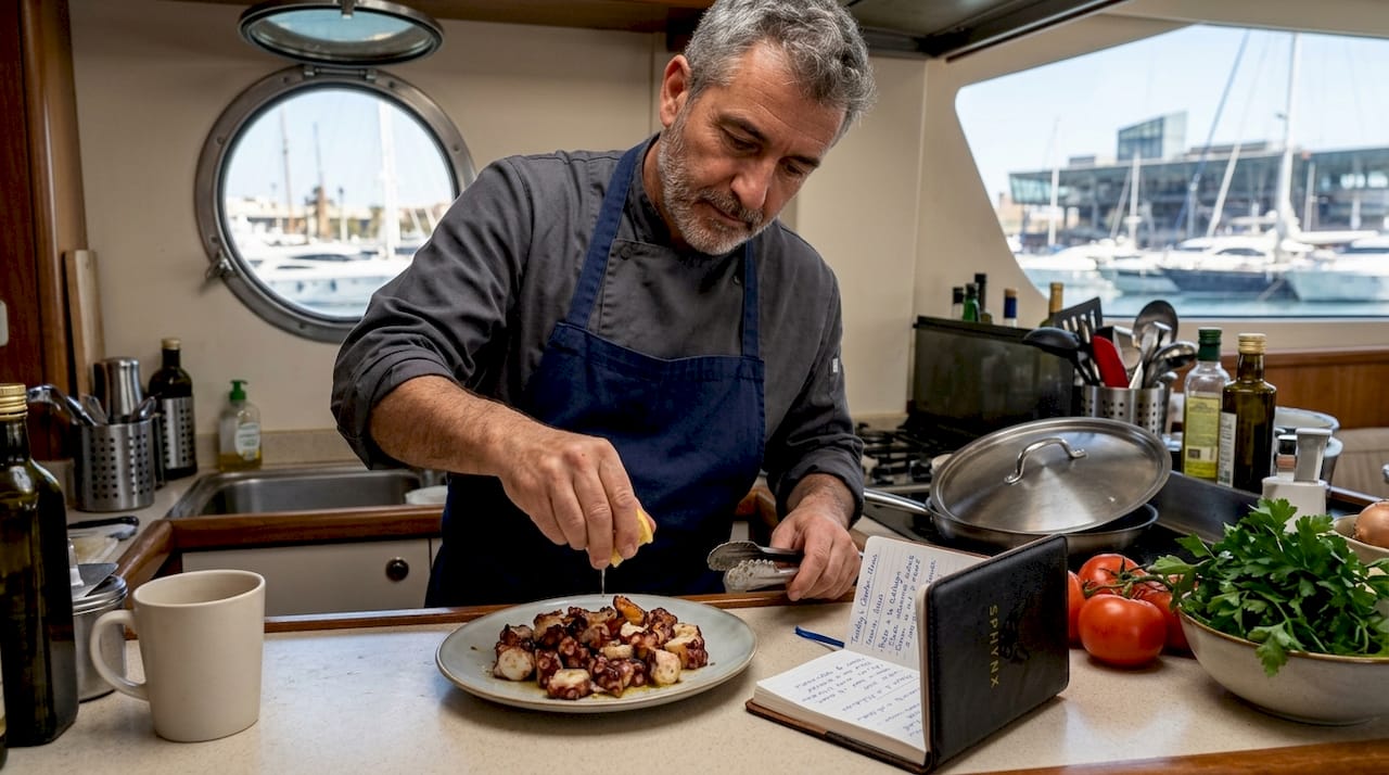 Chef prepping seafood in yacht galley