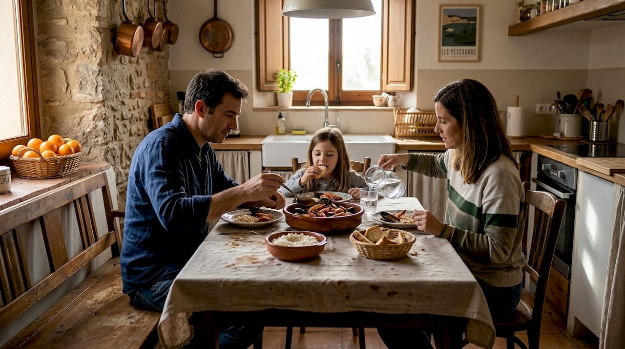 Una familia reunida alrededor de una buena cazuela de arroz marinero catalán, compartiendo risas y momentos juntos.