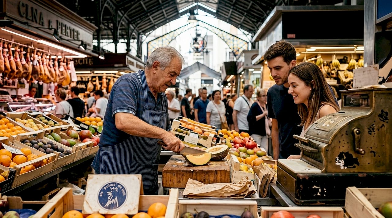 Un día cualquiera en el bullicioso mercado de La Boquería, en pleno corazón de Barcelona.