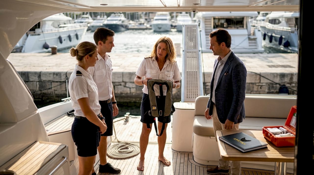 Captain gives onboard safety briefing to crew and client
