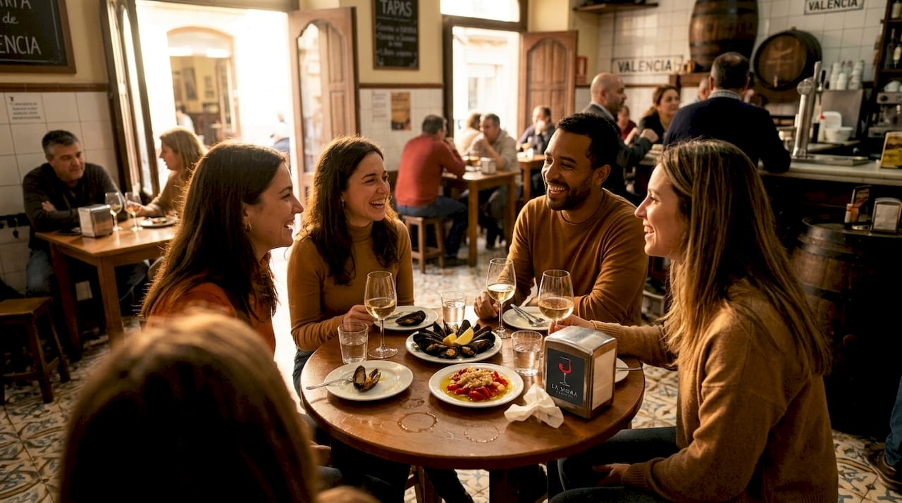 Un grupo de amigos disfrutando de unas tapas en un bar tradicional valenciano.