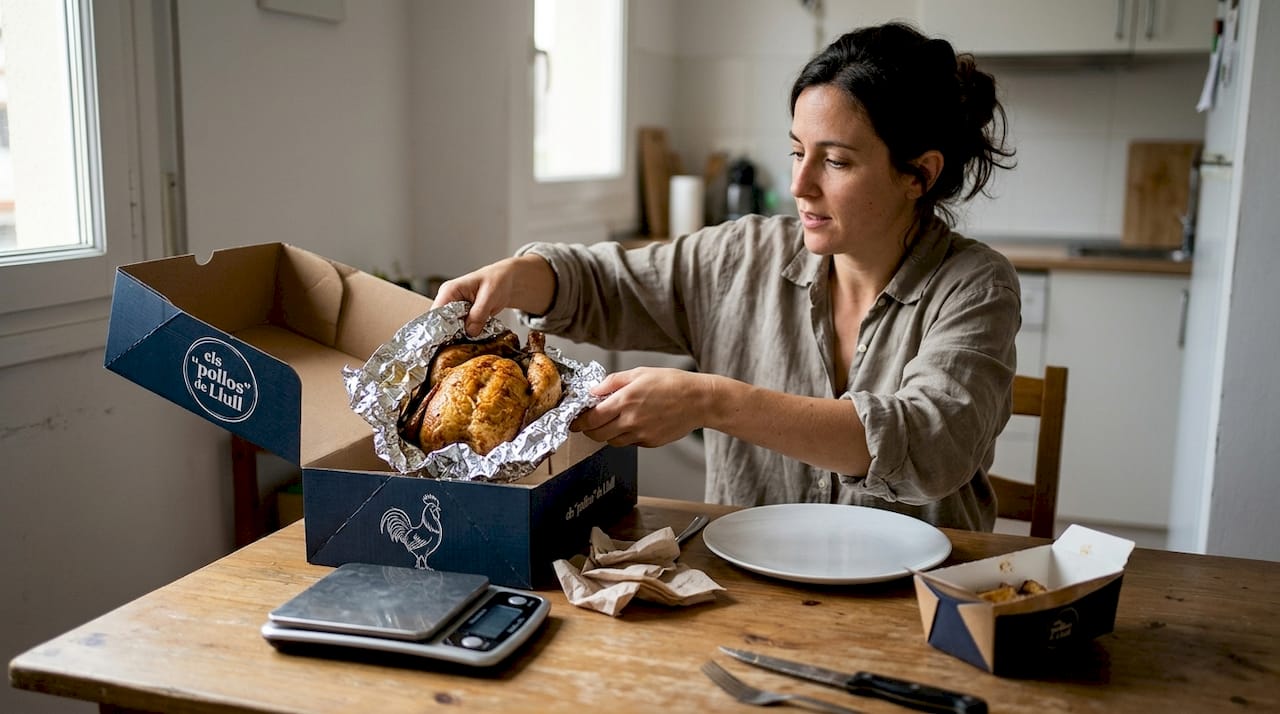 Una mujer observa si el pollo asado tiene el tamaño adecuado antes de servirlo.