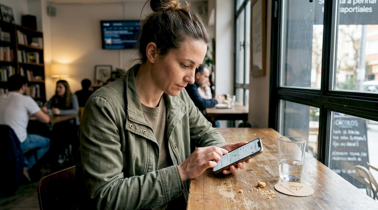 Mujer consultando desde su móvil opciones de comercios cercanos