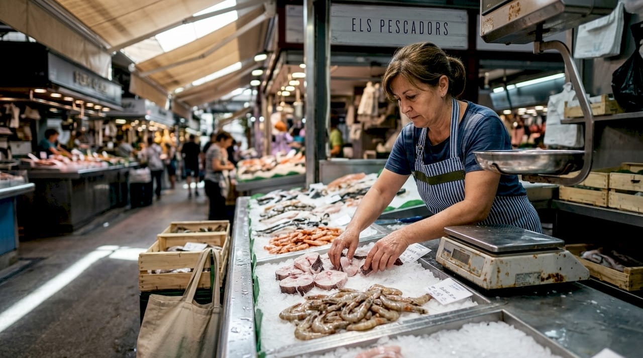 Una mujer organiza pescado recién traído en su puesto del mercado.