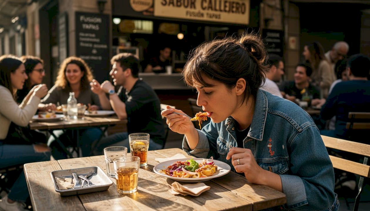 Una mujer disfruta de la comida callejera en un puesto del mercado de Barcelona.