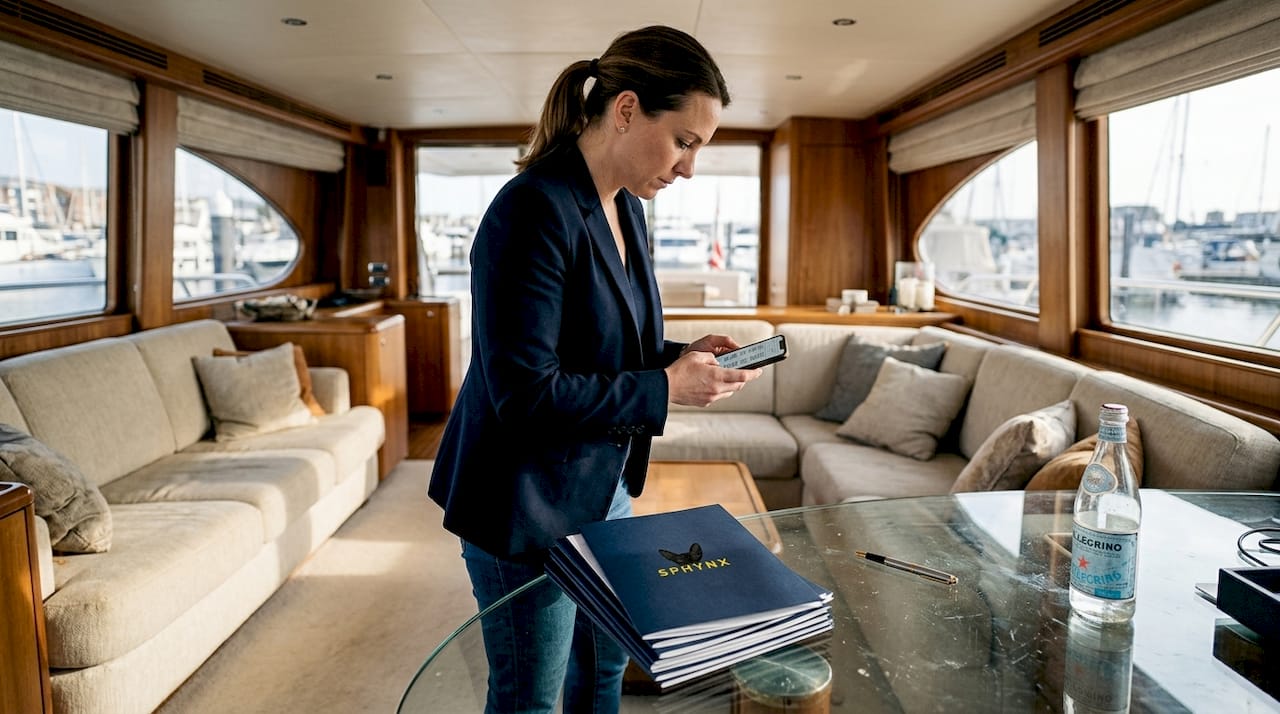 Event planner reviewing yacht indoor layout