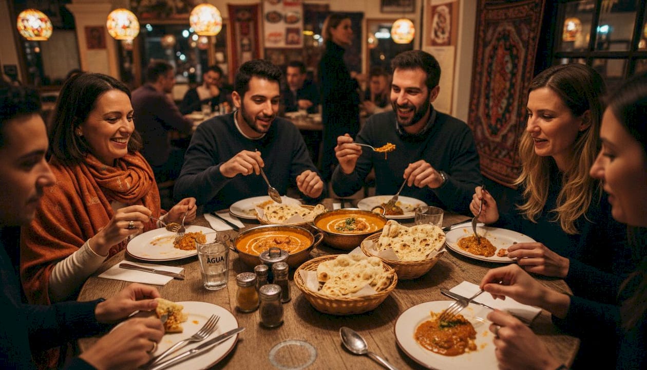 Cena entre amigos en un restaurante indio, disfrutando juntos un delicioso tikka masala.