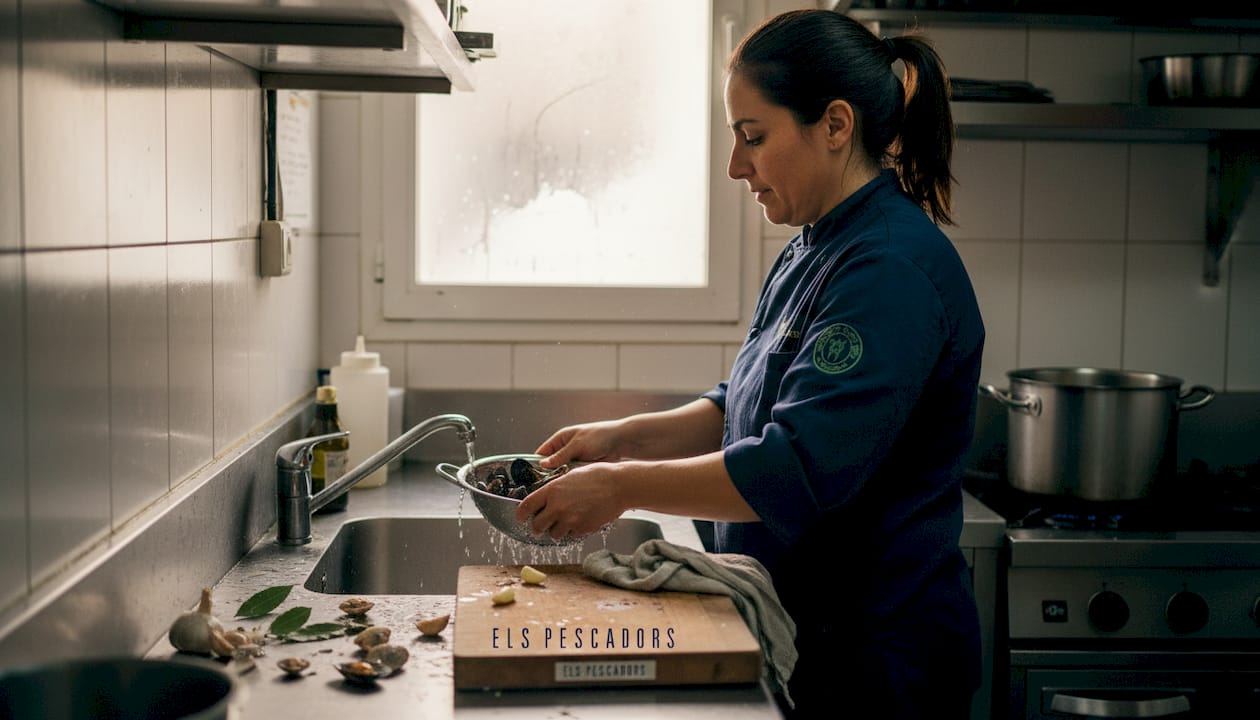 El chef limpia cuidadosamente mejillones y almejas frescas del Mediterráneo bajo el grifo antes de cocinarlos.