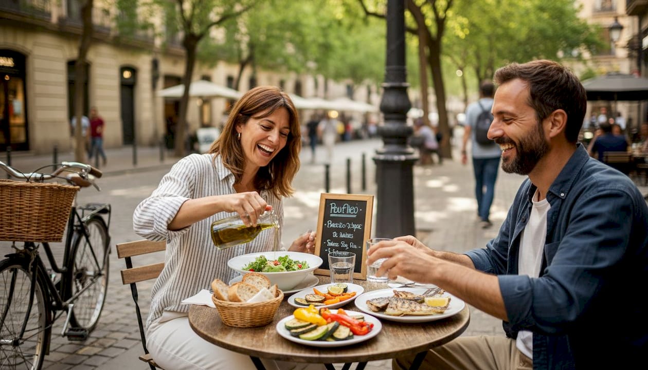 Un grupo de amigos compartiendo una comida mediterránea en Barcelona, disfrutando del buen ambiente y la gastronomía local.