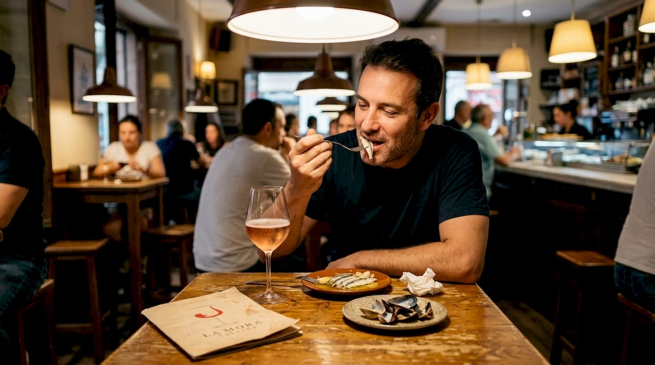 Un cliente disfruta de una selección de tapas valencianas acompañadas de un buen vino.