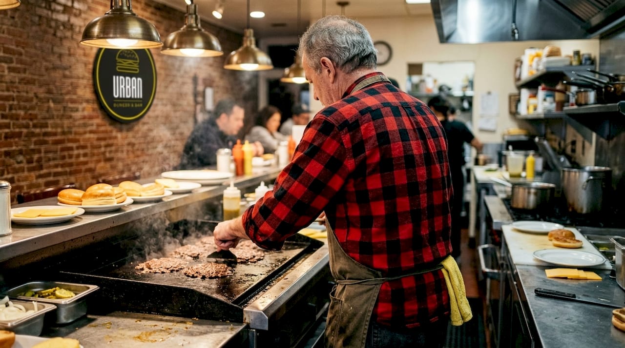 Un chef prepara deliciosas smash burgers a la parrilla tradicional.