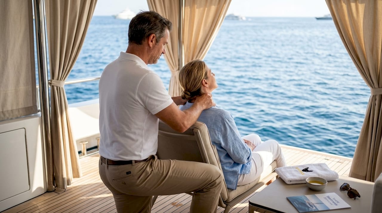 Massage therapist giving deck massage at sea