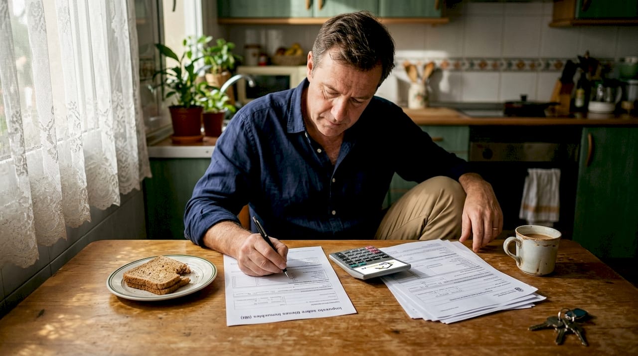 Hombre revisando en la cocina cuánto tendrá que pagar de impuestos por la venta de su vivienda