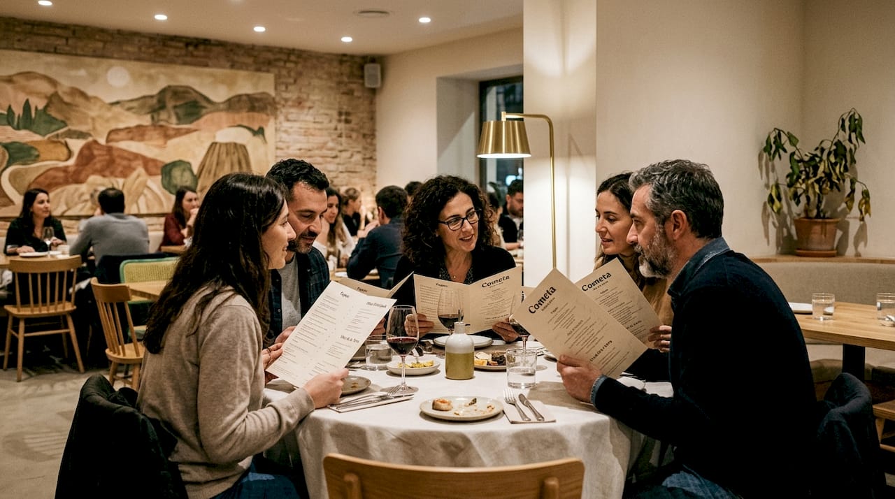 Un grupo de amigos charla animadamente alrededor de una mesa en un restaurante acogedor.
