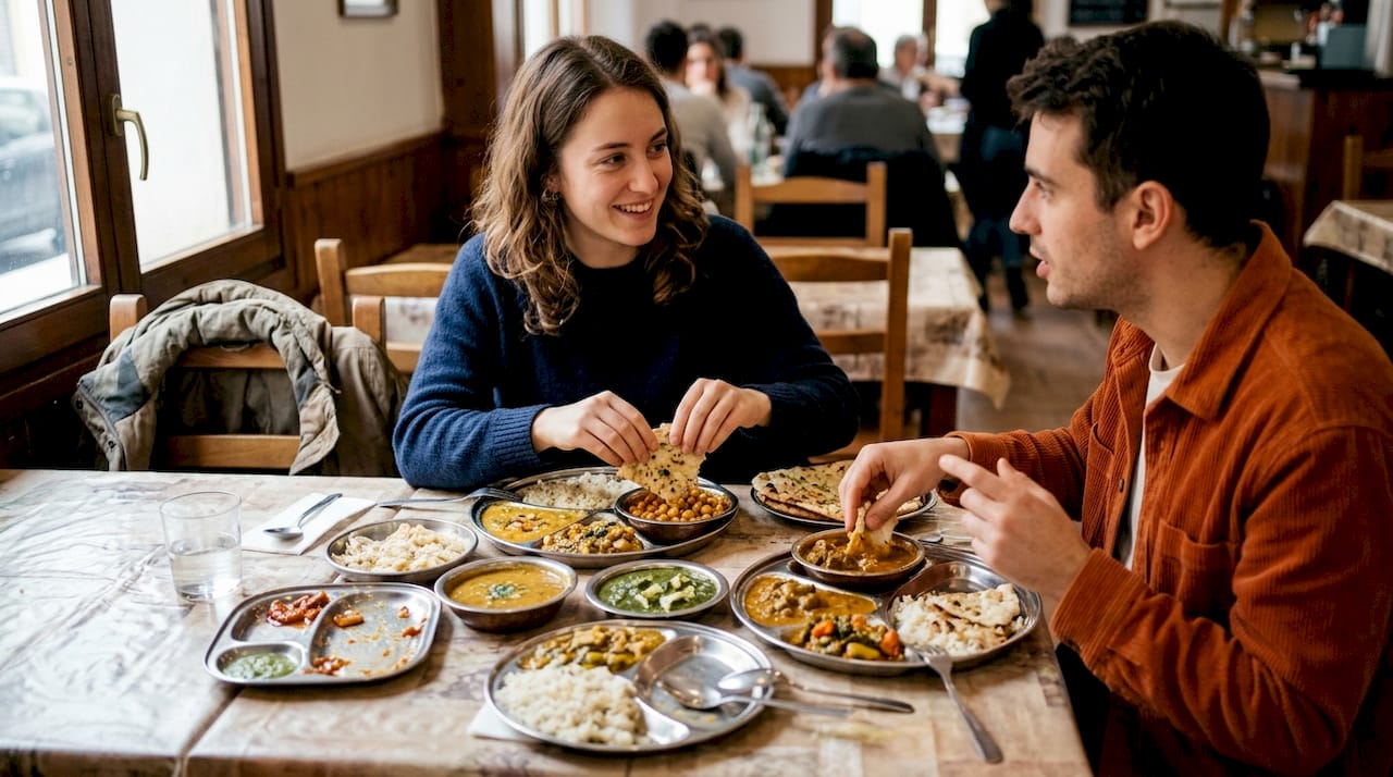 Un grupo de amigos disfruta de un thali y varios curris en un restaurante modesto.