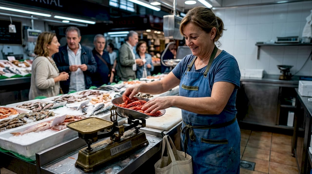 Una mujer atiende su puesto de mariscos en el mercado y pesa gambas frescas para sus clientes.