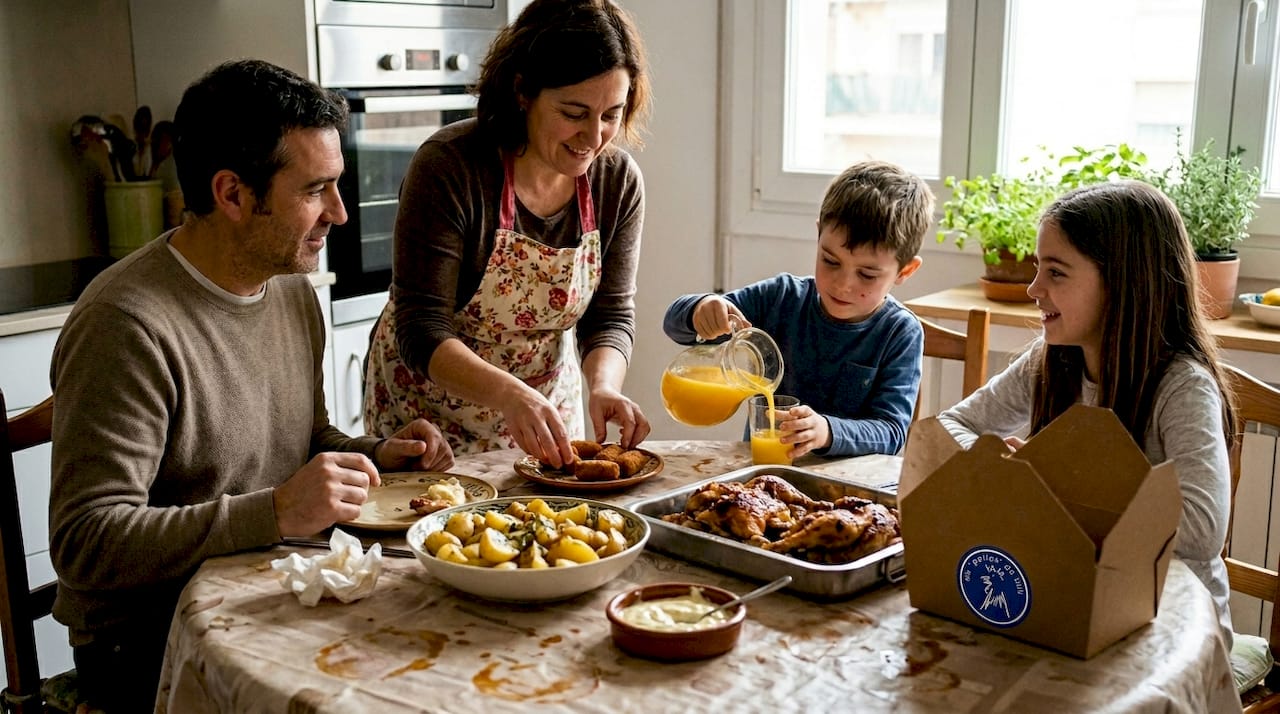 En casa, la familia prepara un delicioso menú de pollo a l’ast para compartir juntos.