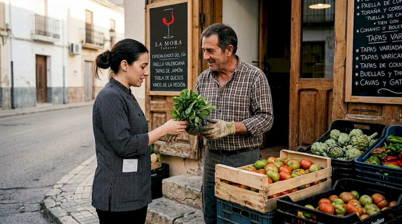 El encargado del restaurante revisa la entrega de productos frescos de la región.