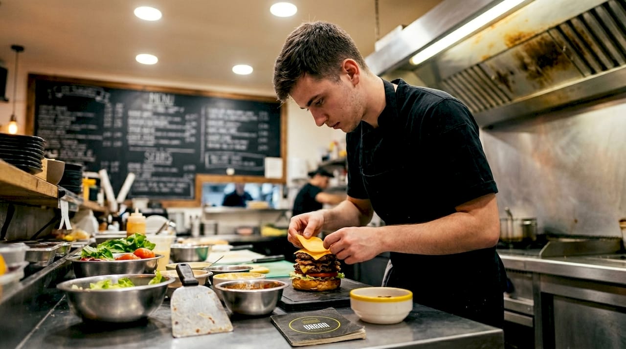 El chef sorprende a los comensales preparando una hamburguesa gourmet frente a ellos, en su cocina a la vista.