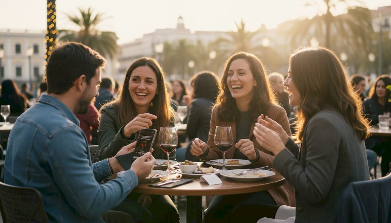 Un grupo de amigos disfruta de una cena juntos después de haber hecho la reserva por internet.