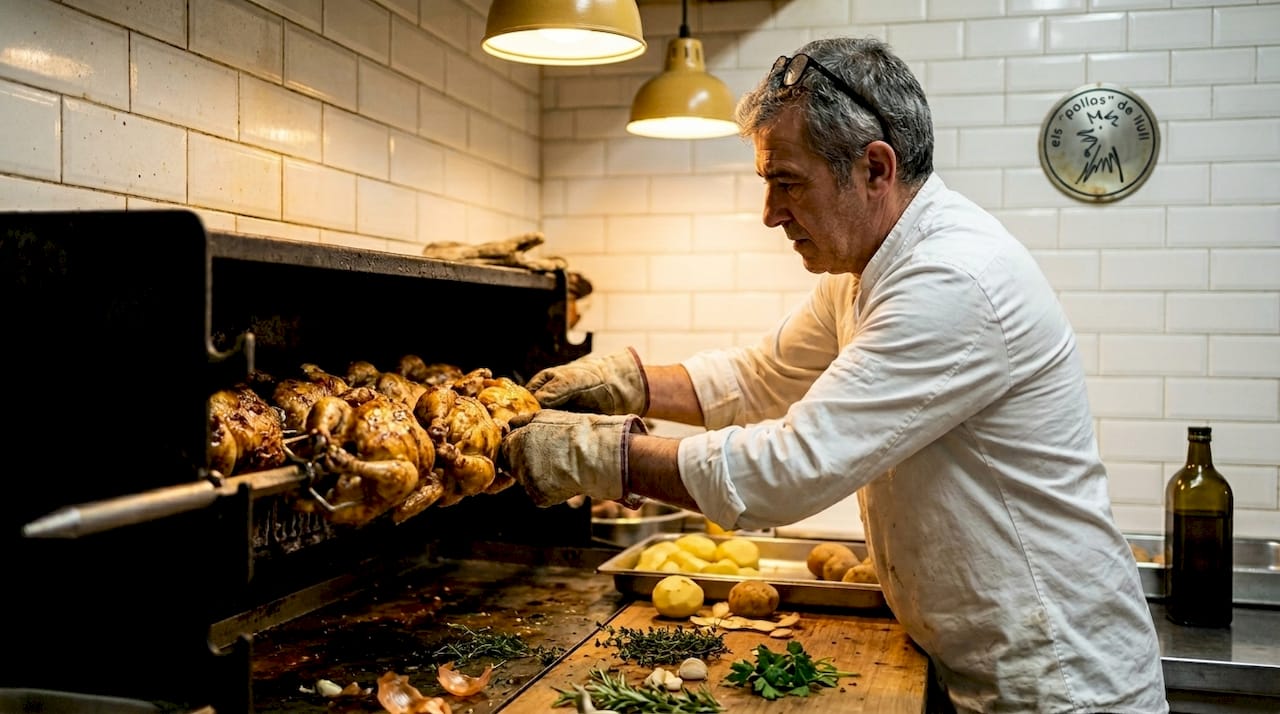 Cocinero asando pollo a l’ast en un espetón