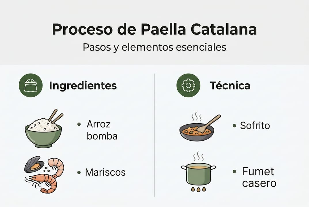 Infografía con los pasos clave para preparar una auténtica paella catalana