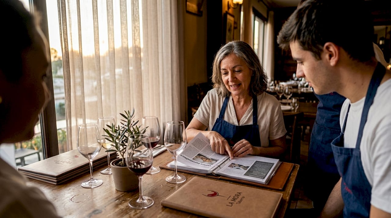 El equipo del restaurante se reúne para revisar la carta y celebrar los reconocimientos obtenidos.