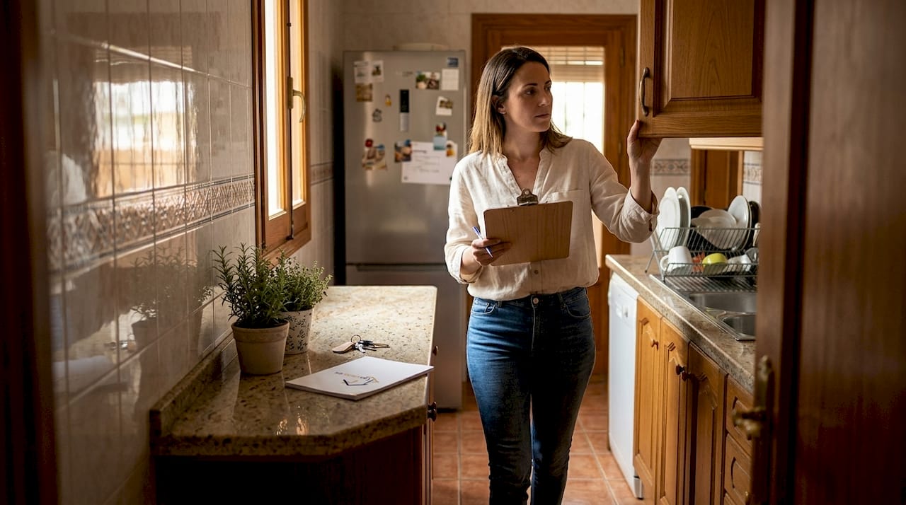 Una mujer revisa con atención la cocina de una vivienda en Valencia.