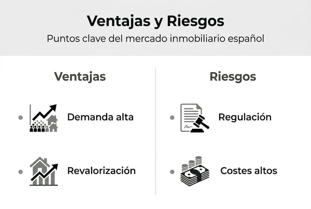 Descubre en esta infografía los principales puntos a favor y las precauciones a tener en cuenta al invertir en el mercado inmobiliario en España.