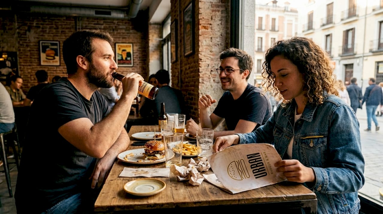 Los clientes saborean deliciosas hamburguesas en un burger bar de España.