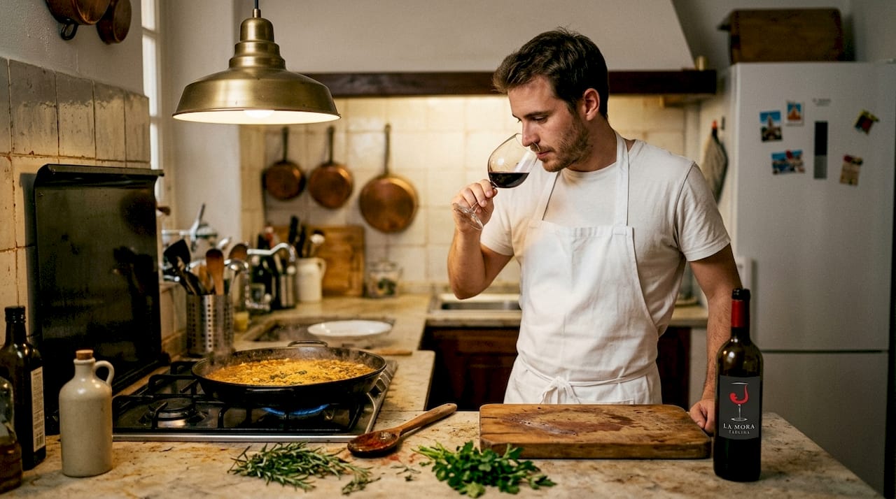 Preparando un buen arroz acompañado de una copa de vino Bobal