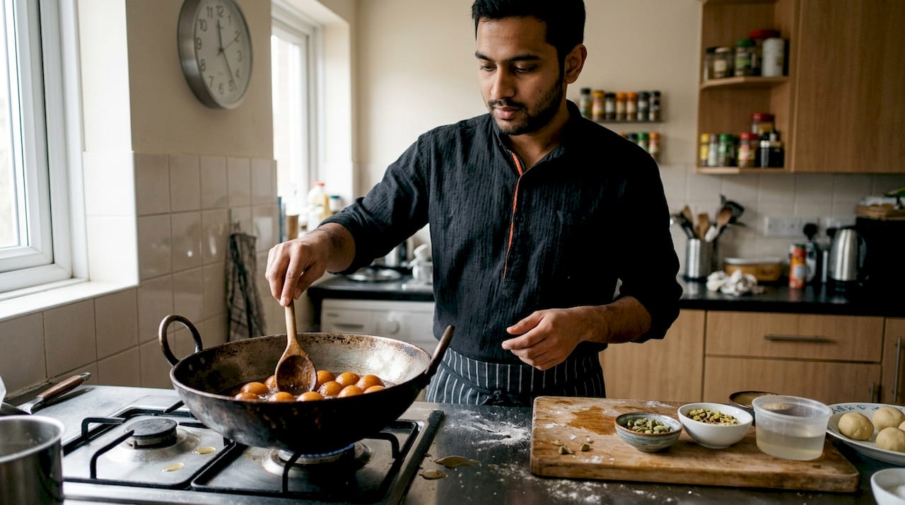 Un chef prepara gulab jamun friéndolos en la cocina de su casa.