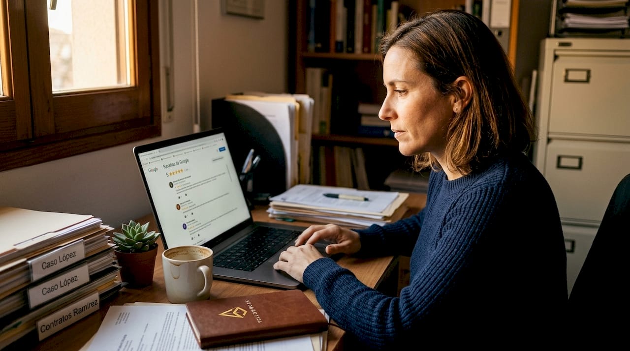 Abogado analizando su reputación en internet desde la oficina