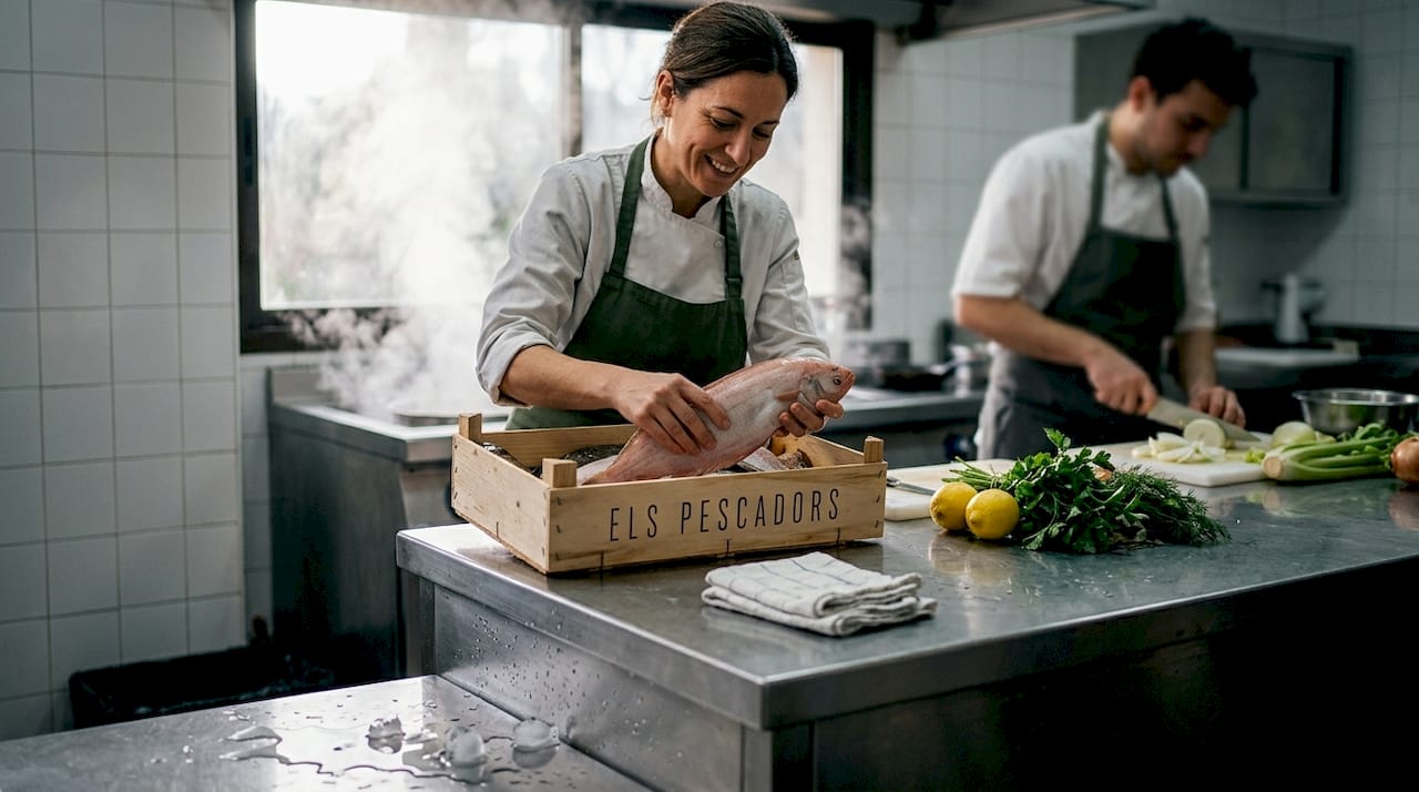 La chef inspecciona cuidadosamente el pescado fresco antes de comenzar a preparar los platos en la cocina.