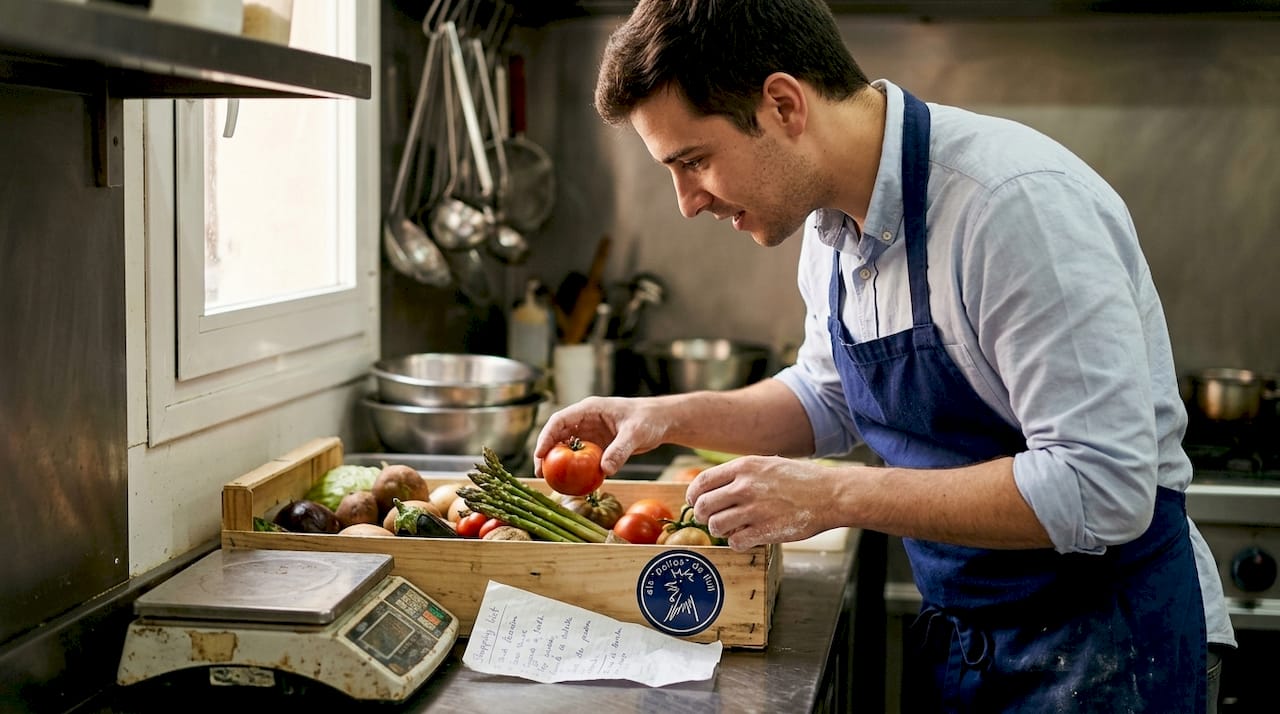 El chef escoge personalmente las verduras más frescas en la cocina del restaurante.