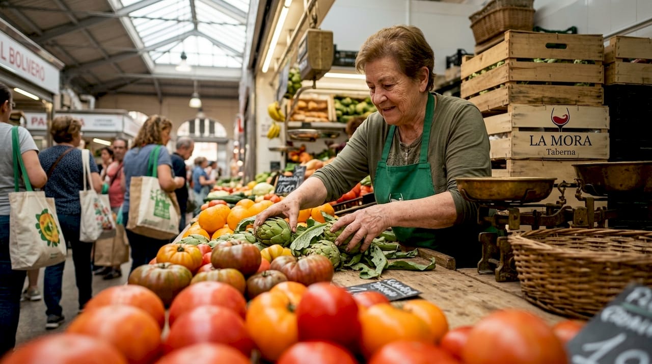 Mujer atendiendo su puesto en el mercado, rodeada de frutas frescas de origen nacional.
