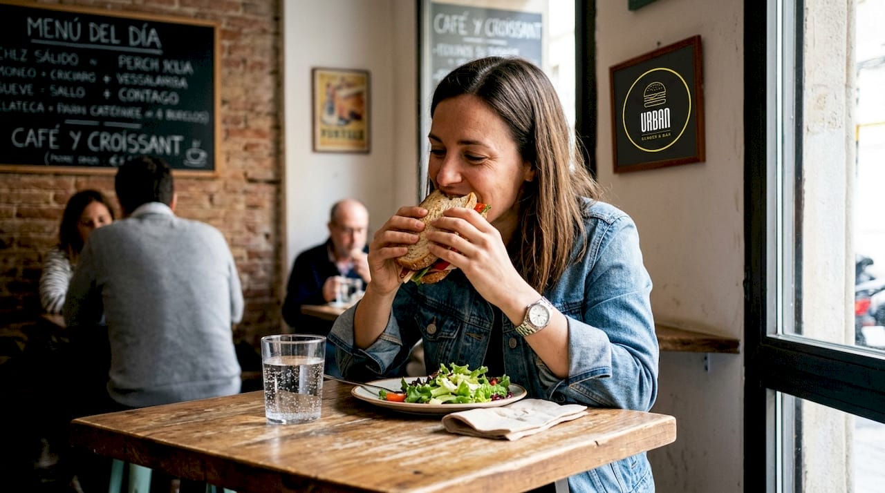 Mujer disfrutando de un delicioso sándwich artesanal y saludable