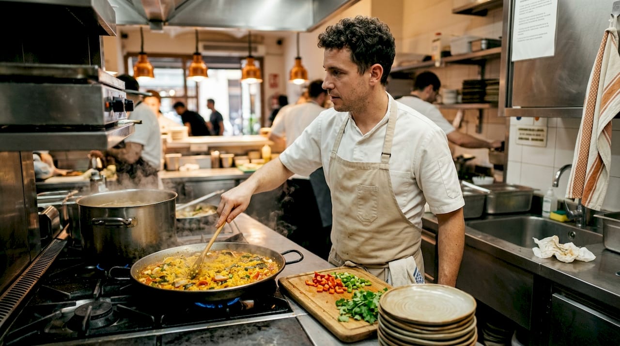 Un chef elabora platos de cocina fusión en una cocina profesional, combinando sabores y técnicas de diferentes culturas.