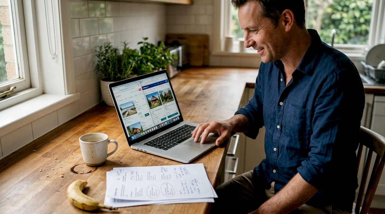 Man compares rental platforms on kitchen laptop